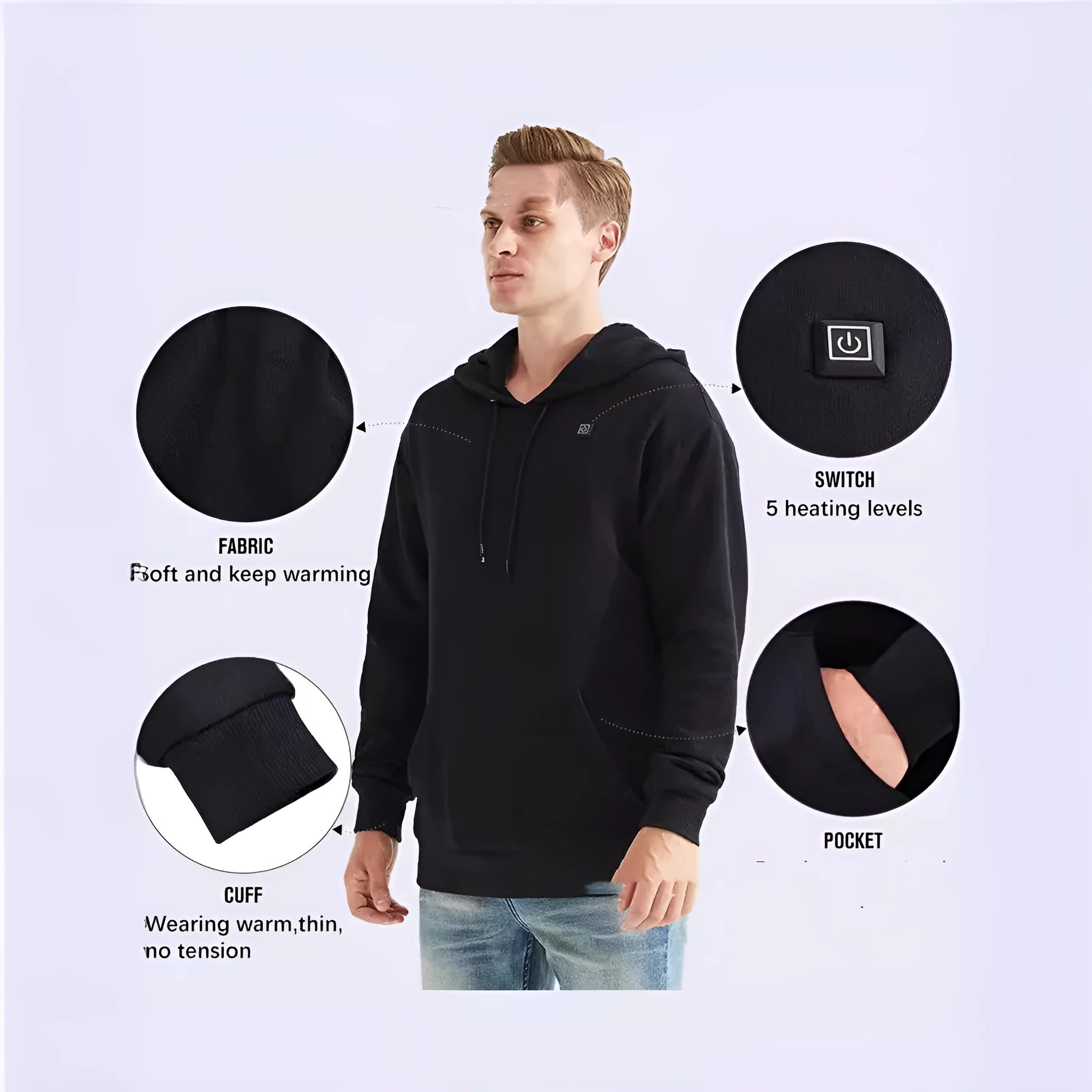 Men's hooded heating sweater black zone 5 cardigan with zipper pockets slim fit long sleeve