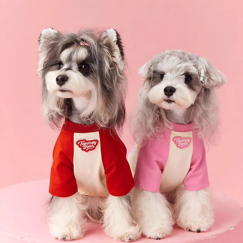 Cotton summer dog clothes with contrast colour embroidery in red or pink, available sizes XS to XXL