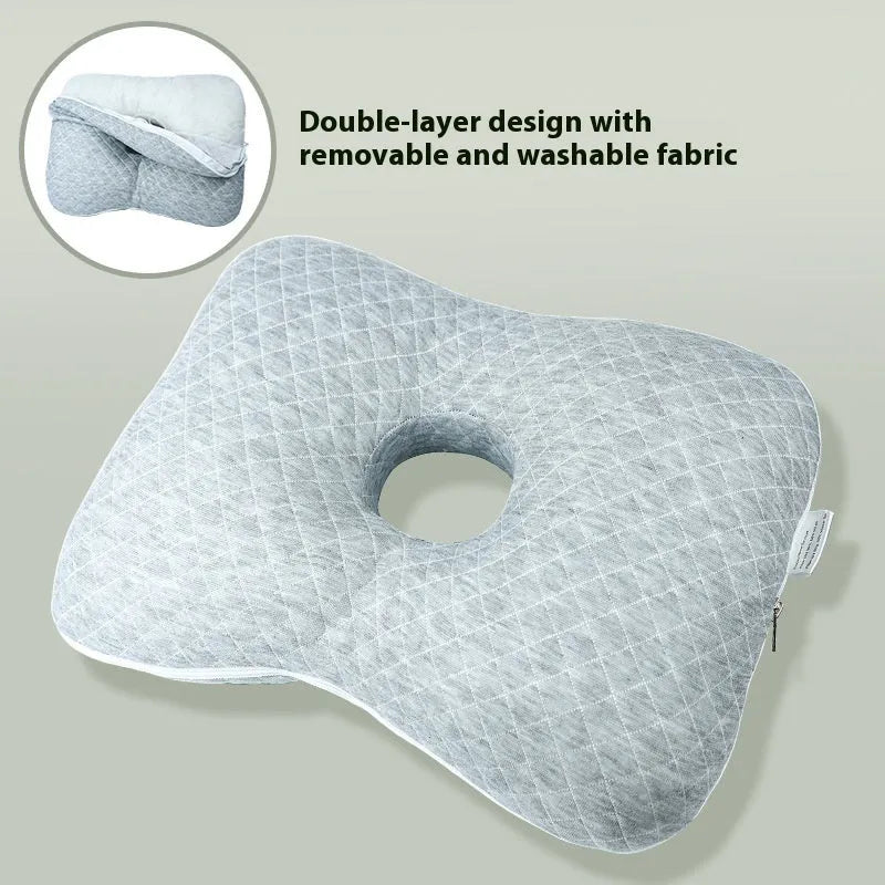 Single-hole ear pillow in plaid grey with detachable cover, shown with dimensions 39cm by 28cm.