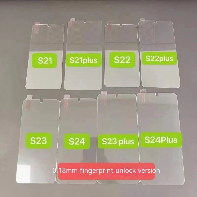Tempered glass screen protector for Samsung Galaxy smartphones showing full-screen coverage and anti-fingerprint surface