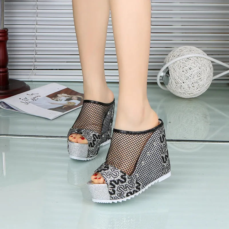 Korean platform flip-flops with a hollowed-out heel, chunky platform, and lace-up mesh upper in metallic colours.