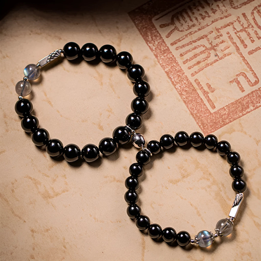 Obsidian Buddhist prayer beads couple bracelet DIY kit showing 8mm and 10mm beads