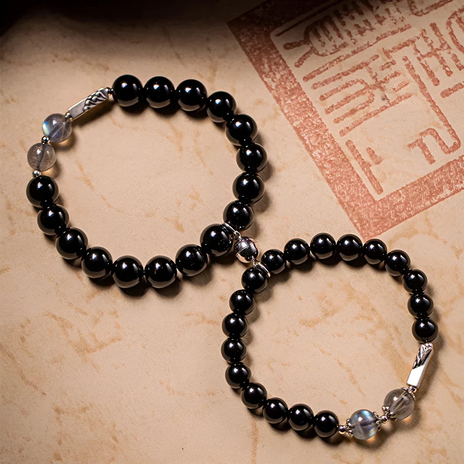 Obsidian Buddhist prayer beads couple bracelet DIY kit showing 8mm and 10mm beads
