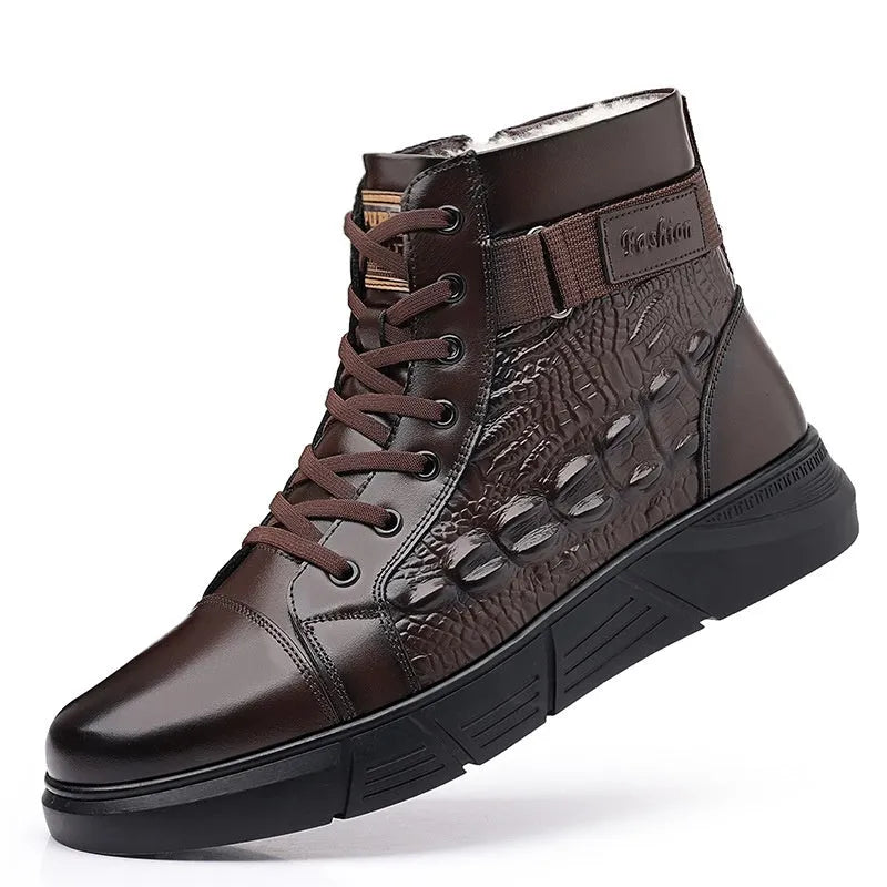 Women's black fur-lined genuine leather snow boots with rubber sole and front laces.