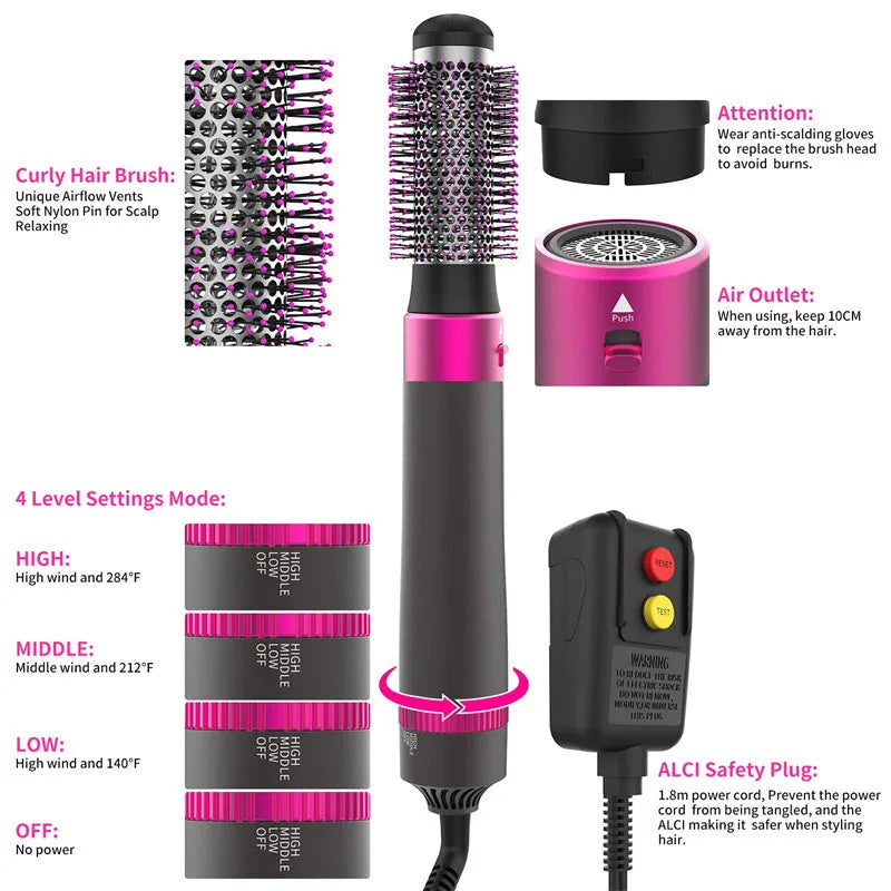 Dyson grey 5 in 1 hair dryer brush styling tool with multiple brush attachments on a white background.
