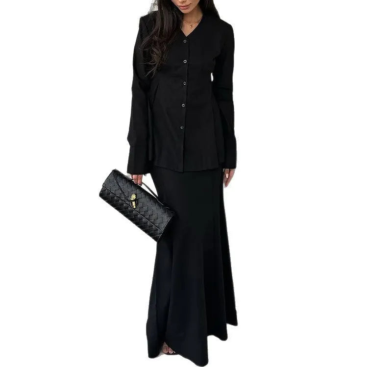 Women's fall suit V-neck slim fit waist long sleeve dress set in solid colour polyester, black