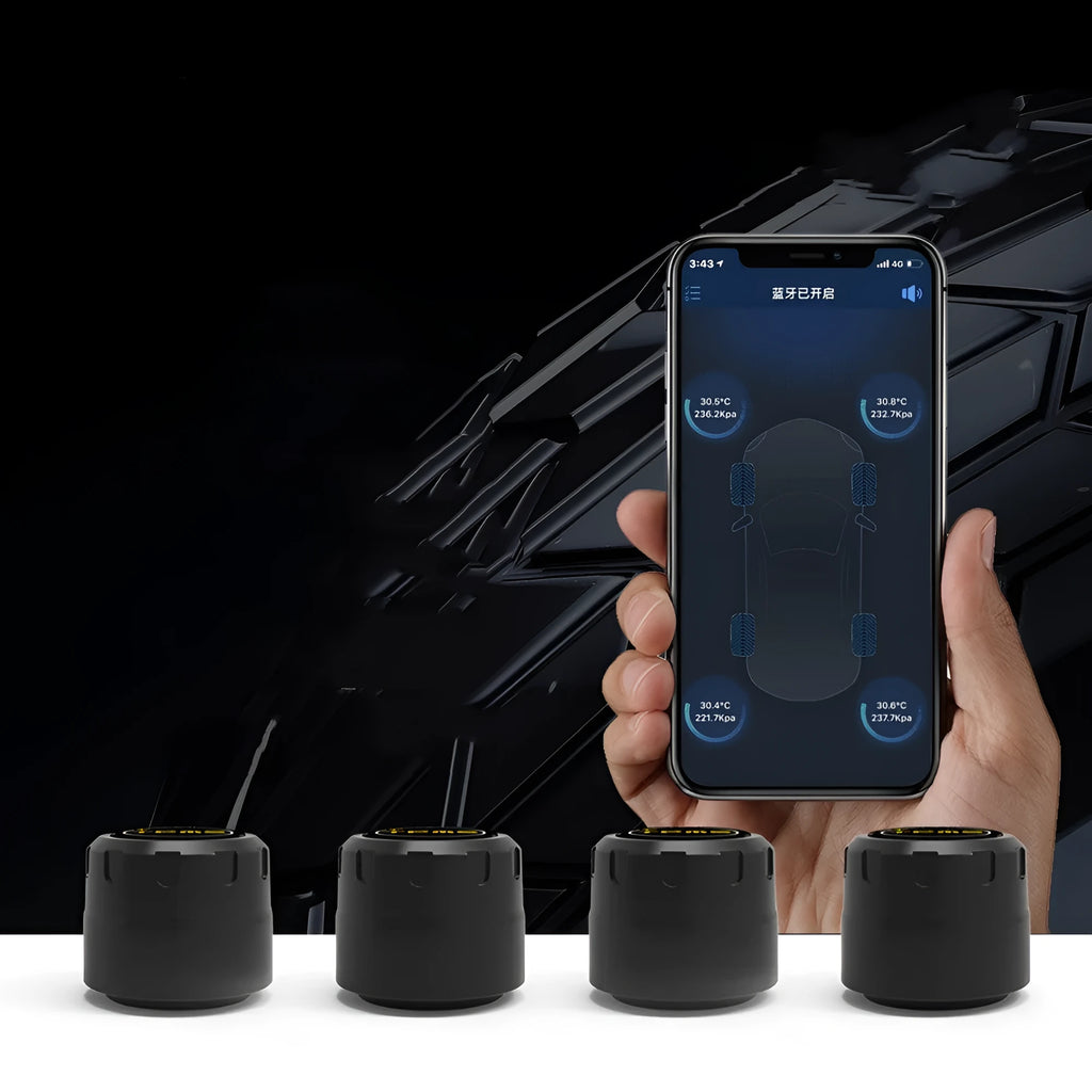 Black Bluetooth automotive tyre pressure monitoring system with four external sensors and a wrench.