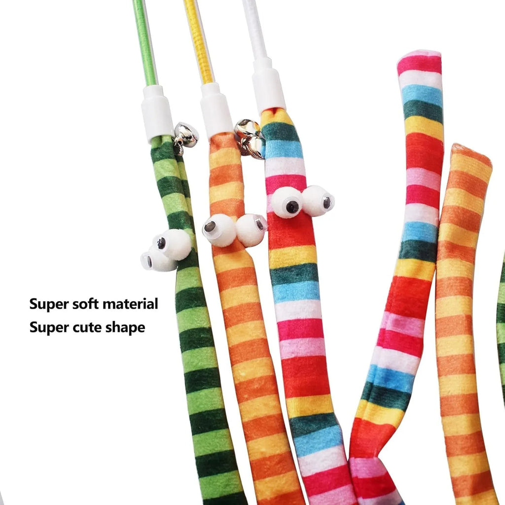 Cat wand toy with polycarbonate handle and long plush strip in vivid colours for interactive cat play