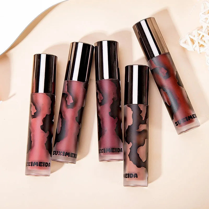 Lava Secret Matte Lip Mud Lipstick in five colours: orange brown coffee, cool grey, cinnamon coffee, jujube red, smoked purple.