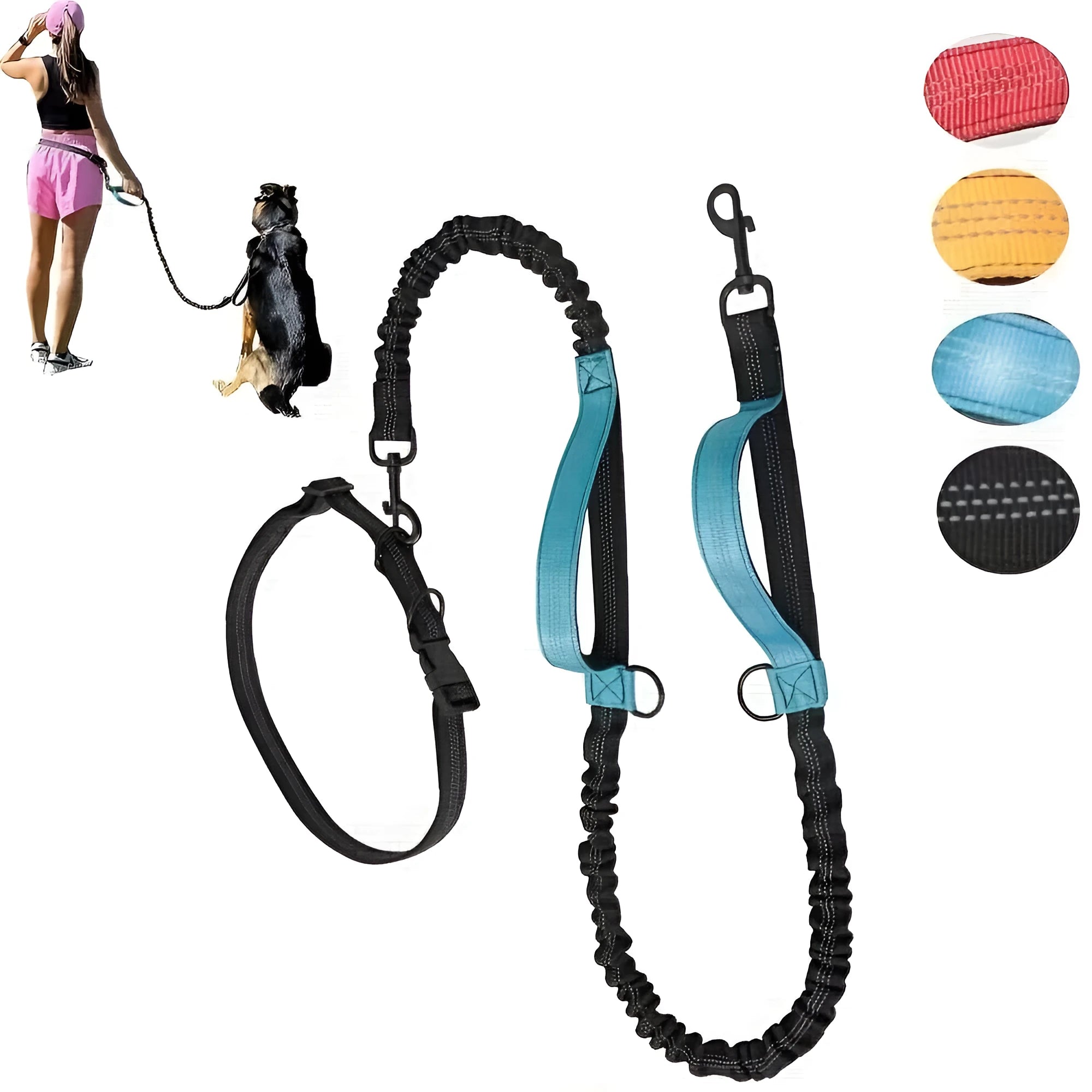Hands-free dog leash with adjustable waist belt in durable nylon, available in five colours for running and walking
