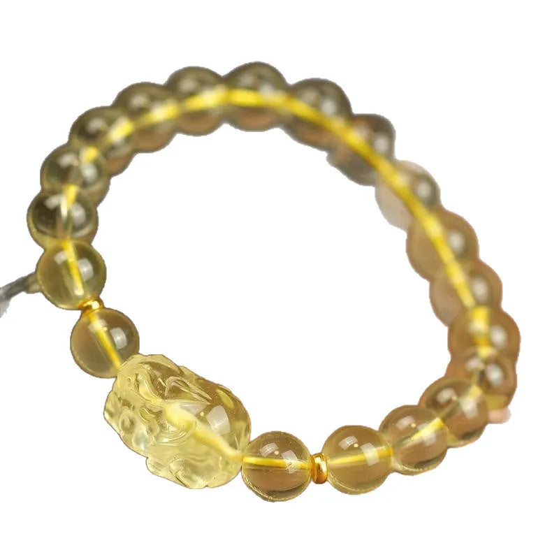 Yellow leather cord bracelet with artificial crystal Pi Xiu charm in Chinese simple style