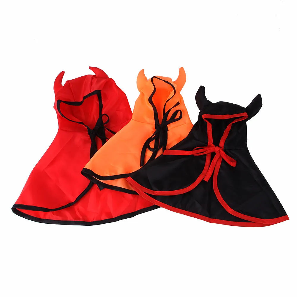 Red polyester Halloween pet horn cloak cape on a cat with hood and horns
