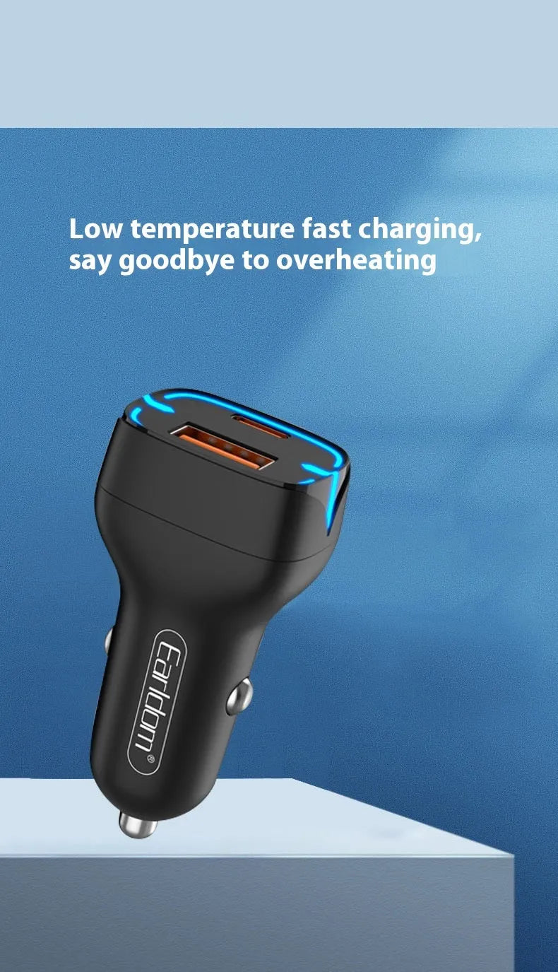 QC3.0 fast car charger with PD USB output, black plastic and metal design, for cigarette lighter socket