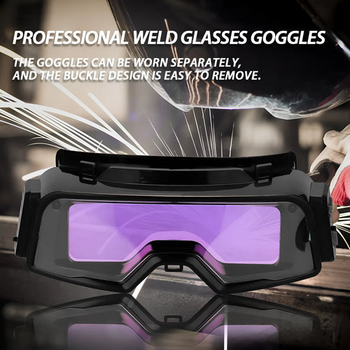 Black automatic darkening welding mask with adjustable shade range and 122.5x35mm viewing area