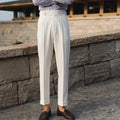 Men's slim fit straight leg formal trousers in black, white, and apricot colours.