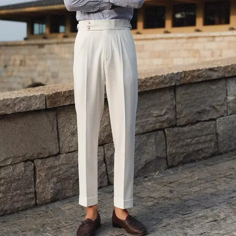Men's slim fit straight leg formal trousers in black, white, and apricot colours.
