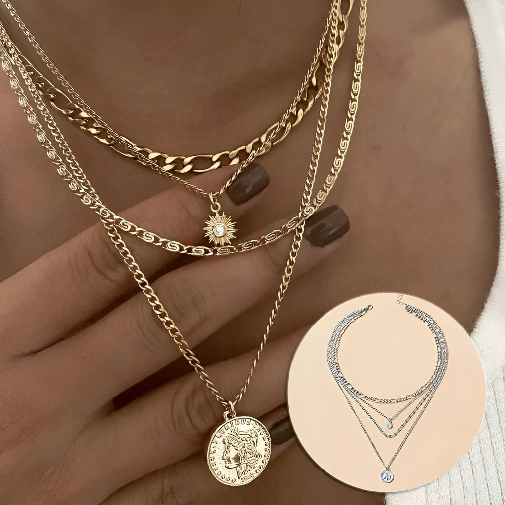 Chunky layered coin necklace gold finish water wave chain for women 41-50cm