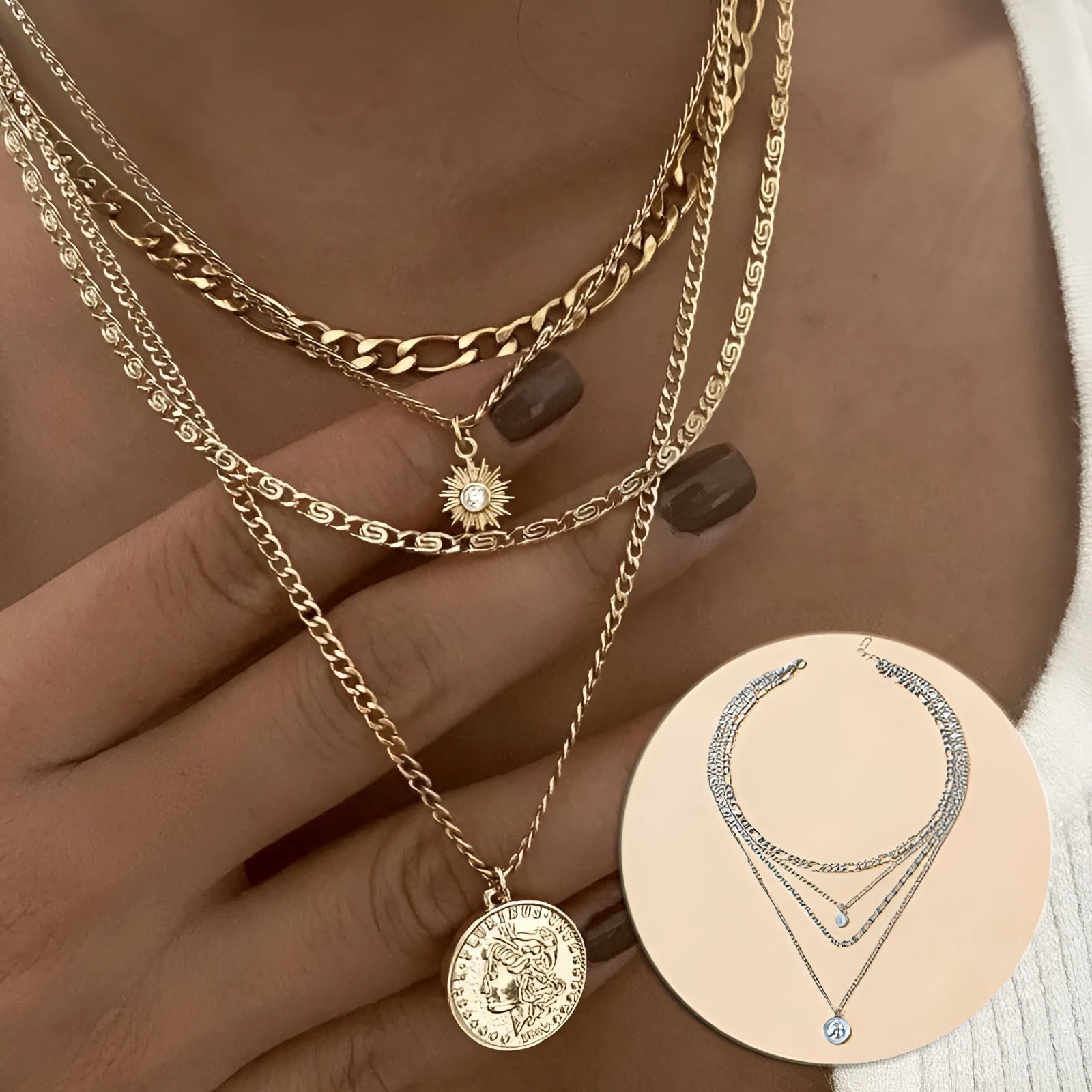 Chunky layered coin necklace gold finish water wave chain for women 41-50cm