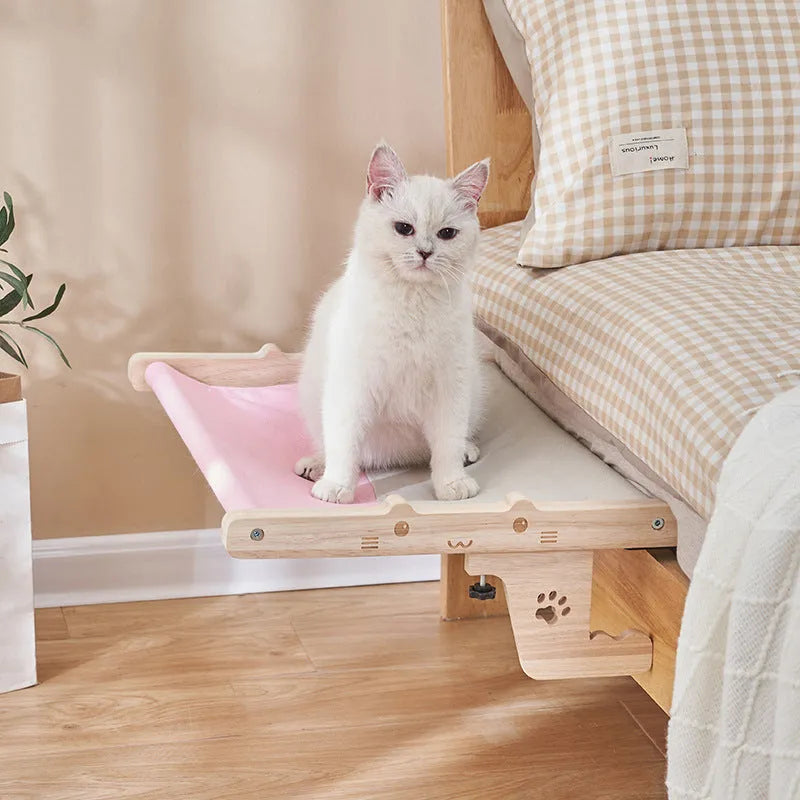 Wooden cat hanging bed hammock mounted on balcony with seven style options available