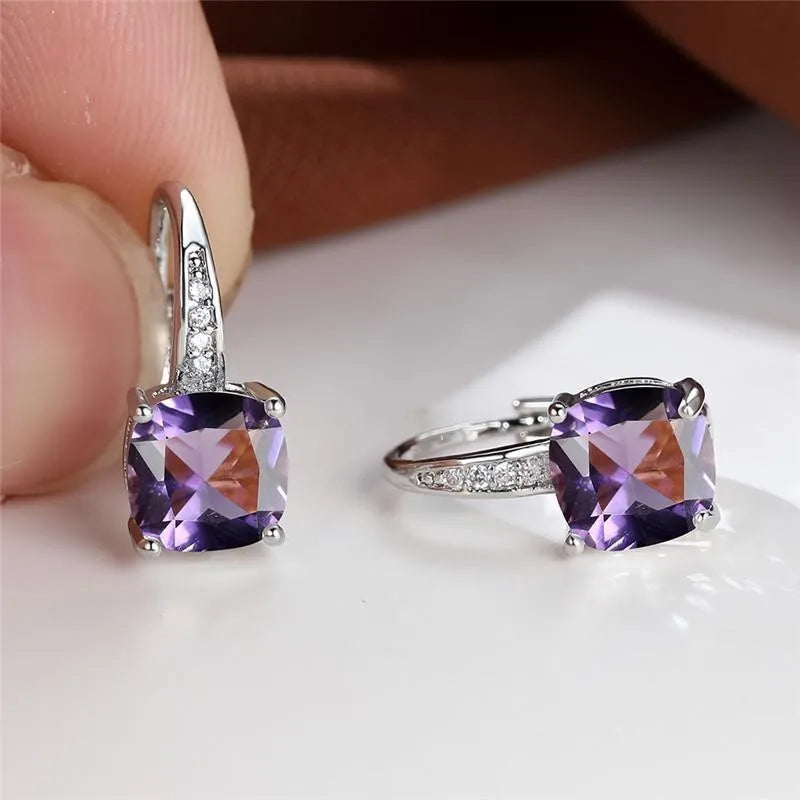 Square zircon geometric ear hook earrings in electroplated copper with Korean style design