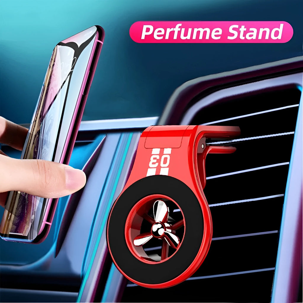 Magnetic car phone holder mounted on air vent with smartphone attached