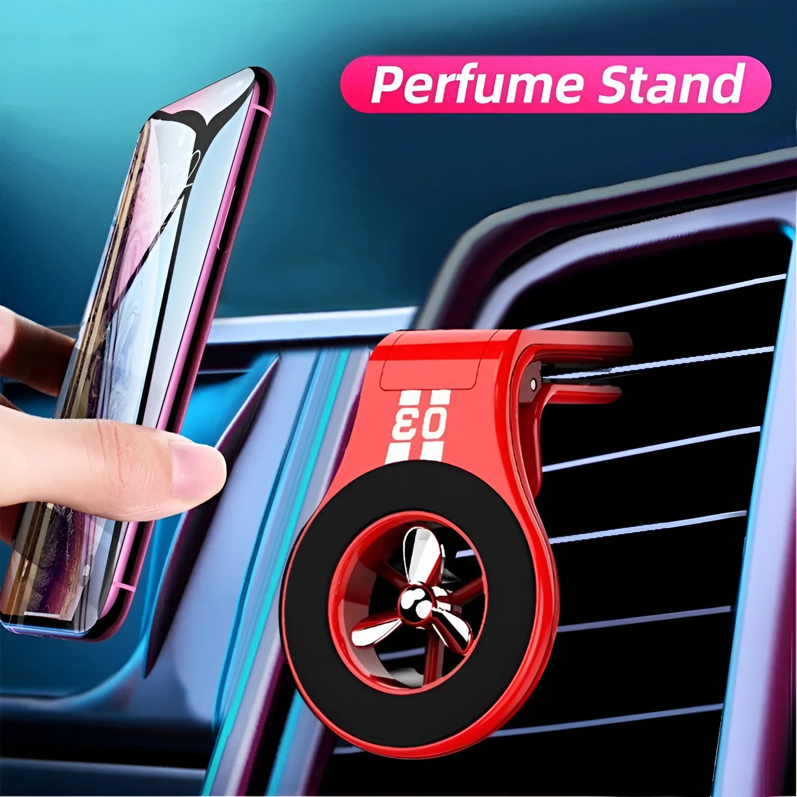 Magnetic car phone holder mounted on air vent with smartphone attached