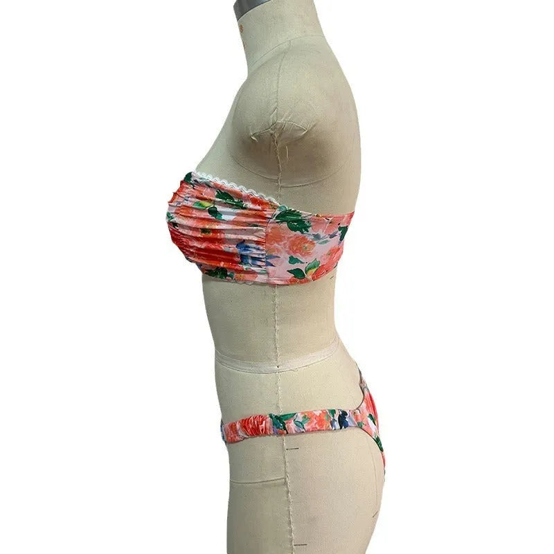 Women's floral printed tube top bikini set with lace trim in blue colour