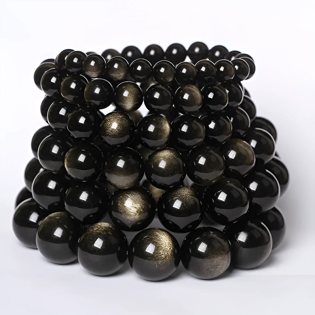Hand-woven round obsidian crystal couple bracelet set showing ethnic-style design with multiple bead size options