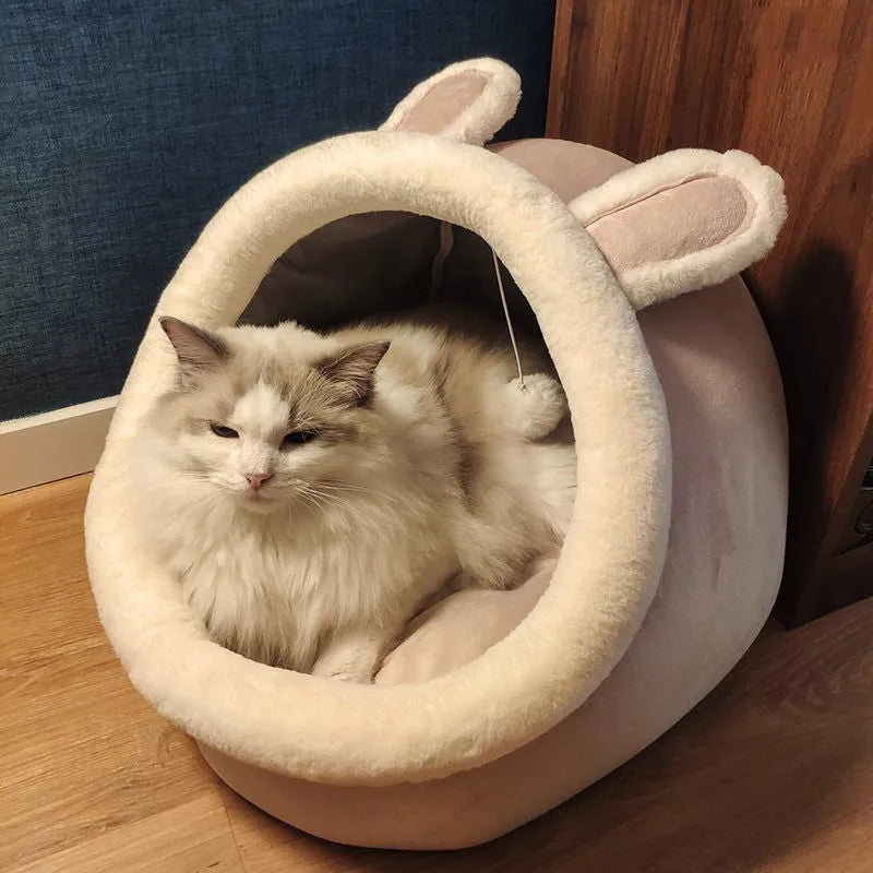Semi-enclosed cat house with dinosaur pattern, removable washable mat, size L for large cats