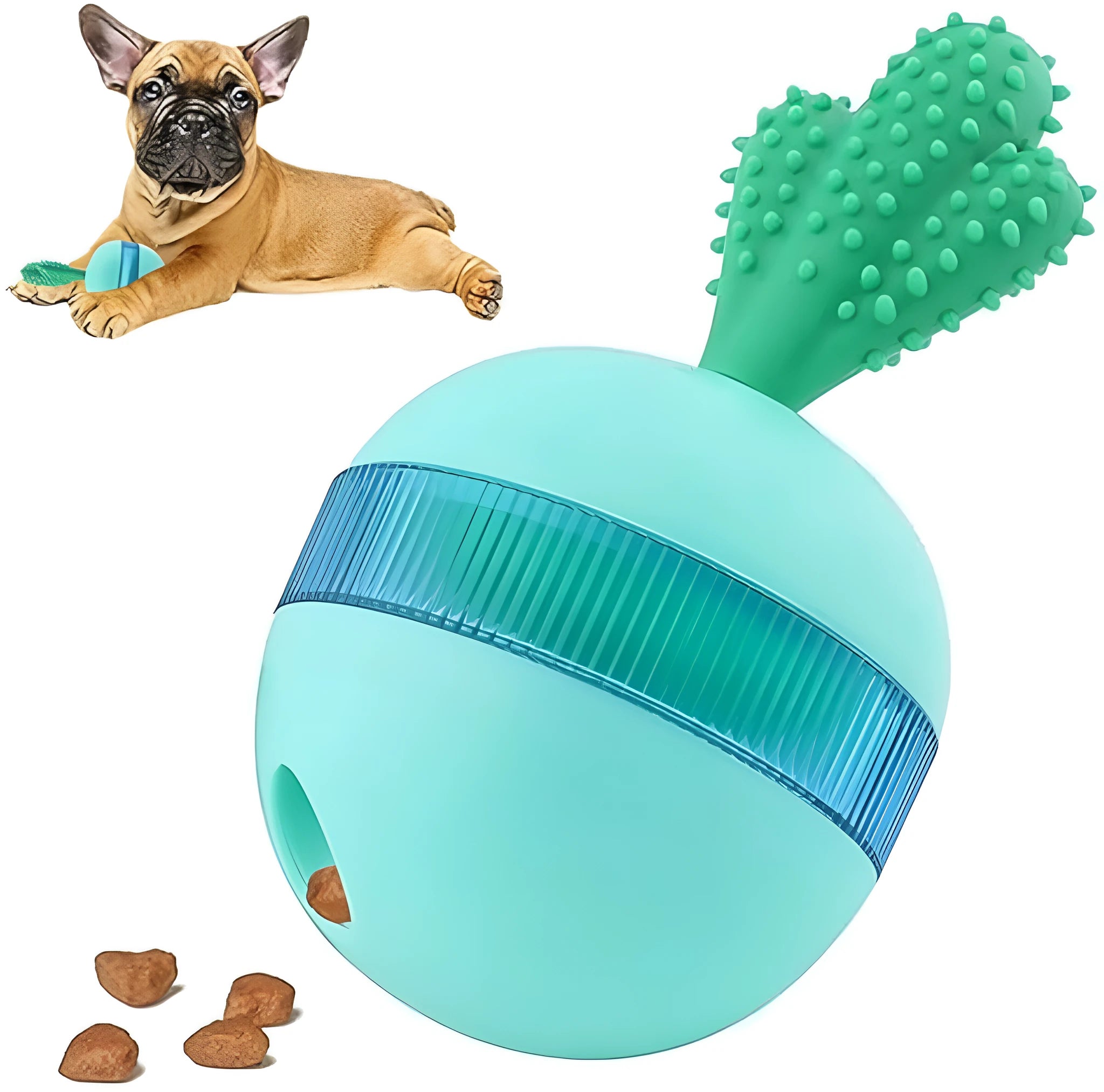 Blue and green durable rubber interactive dog treat dispenser ball with food holes for medium large dogs