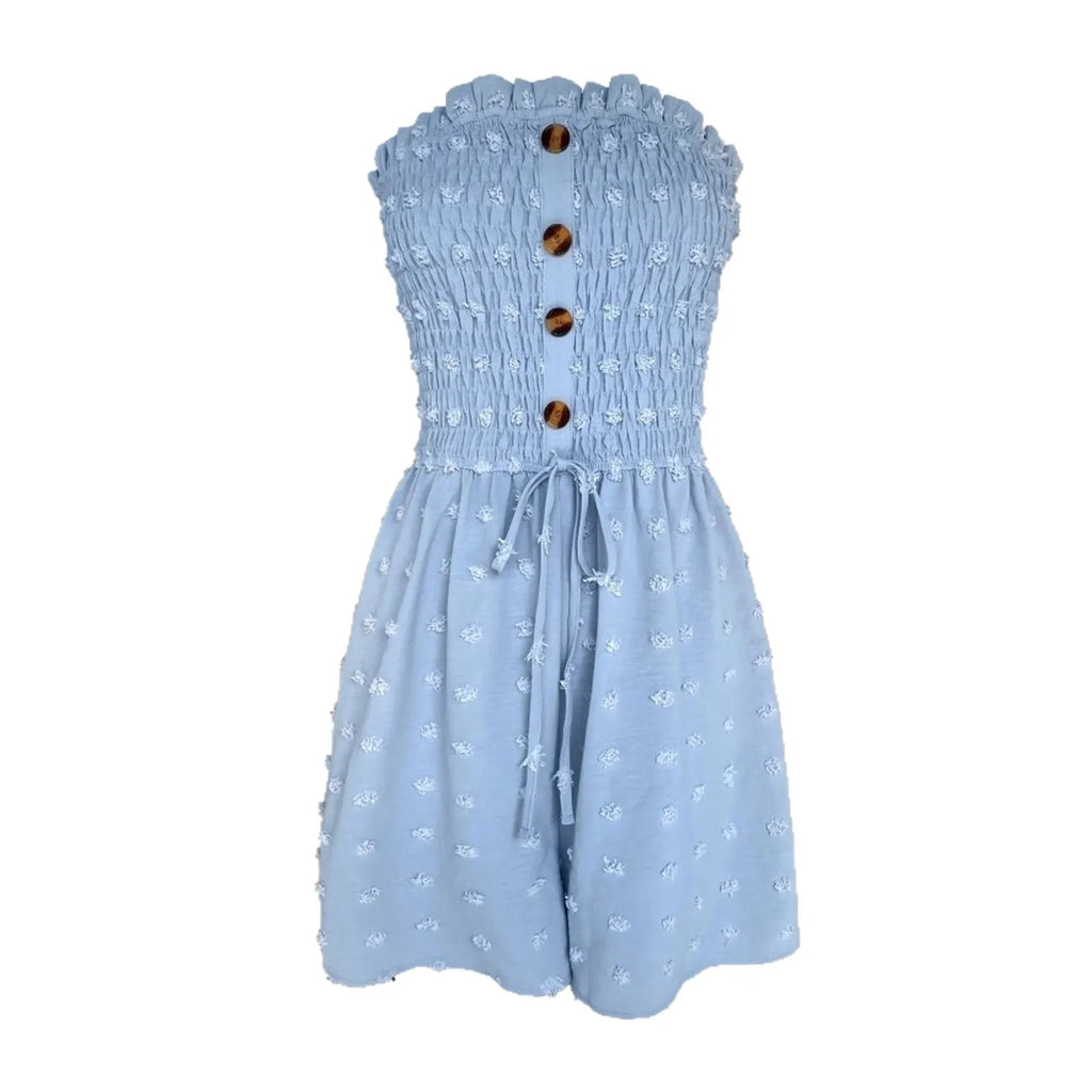 Women's solid colour off-shoulder sleeveless jumpsuit in polyester fabric on a hanger.