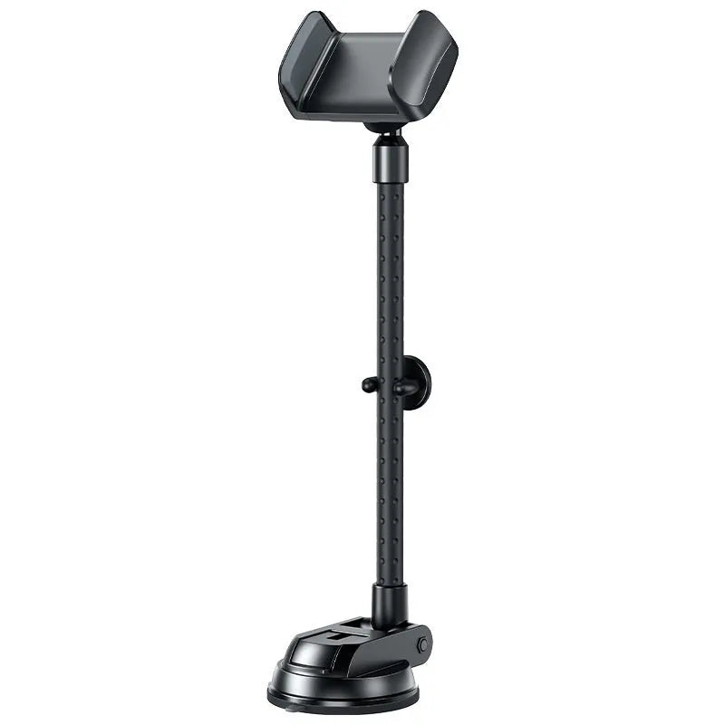 Black universal rotating car mobile phone bracket with metal construction and double supercharged clamp