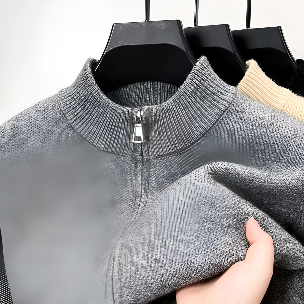 Men's black knitted cardigan with stand collar and full zipper front, loose fit design