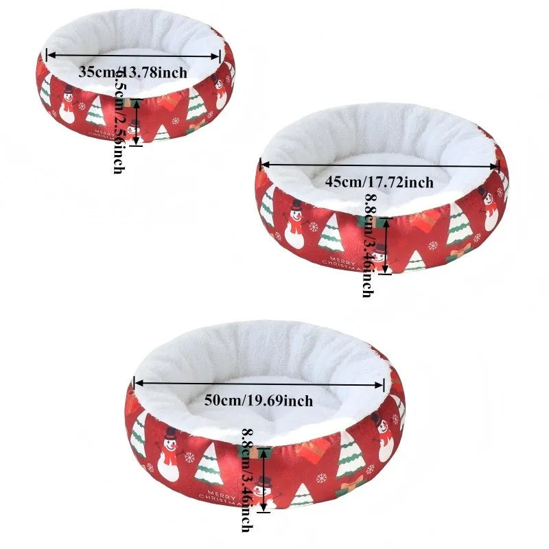 Christmas pet bed for dogs and cats, red and green flannel with snowman print, antislip base, 50cm size