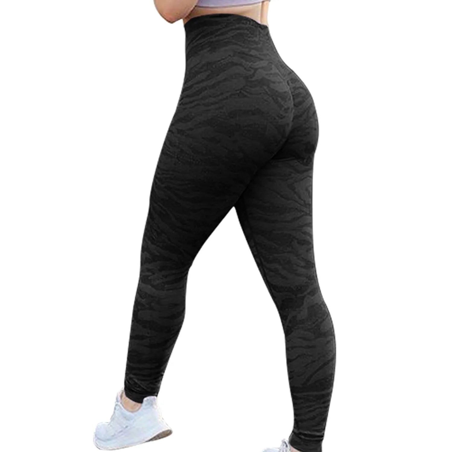 Women's high-waisted push up booty leggings in a camouflage print for fitness and yoga.