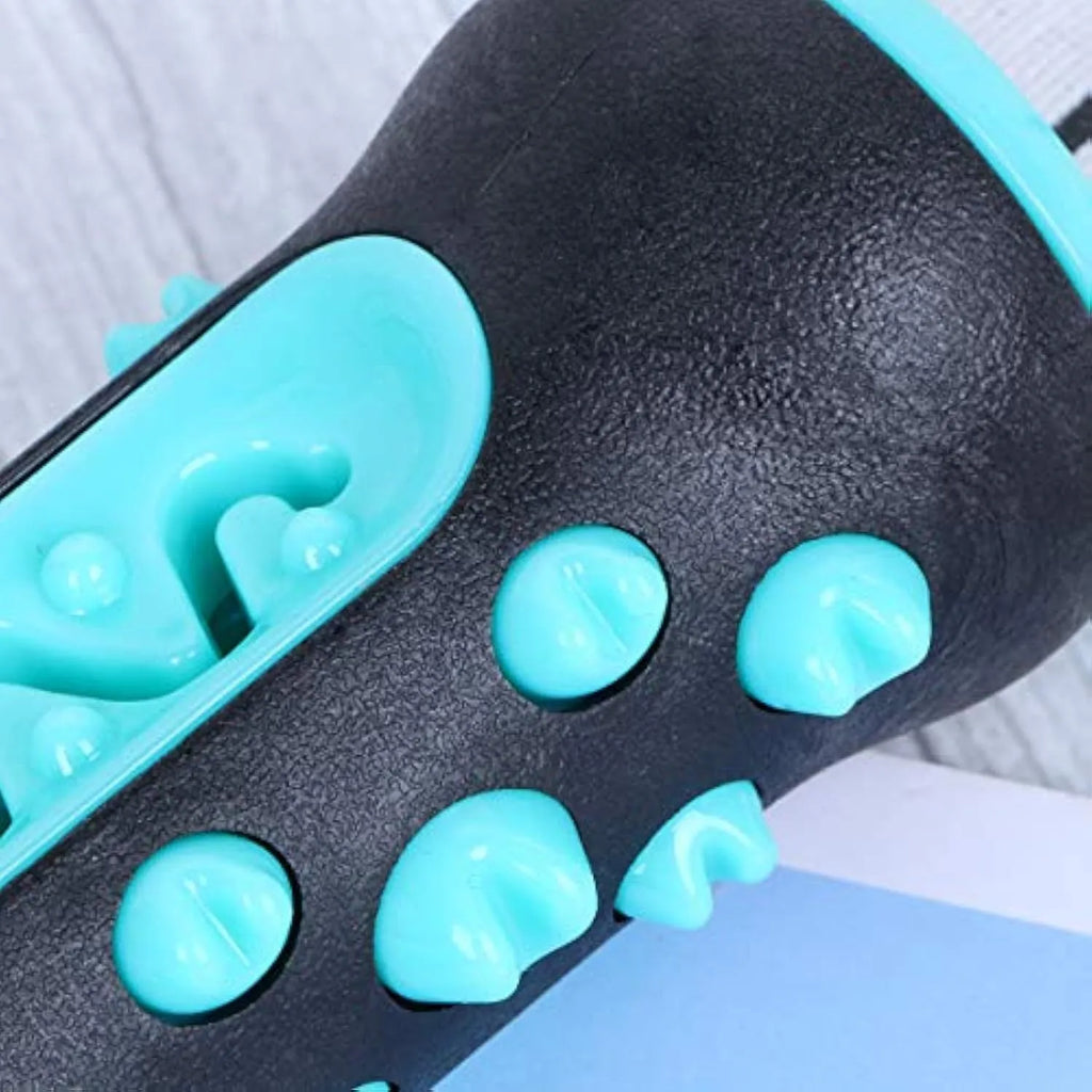 Natural rubber dog dental chew toy in blue colour, showing stick shape for teeth cleaning.