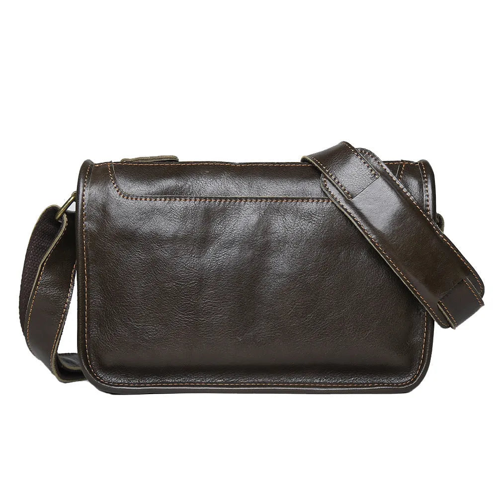 Men's genuine leather crossbody shoulder bag handmade patchwork in olive green colour on model