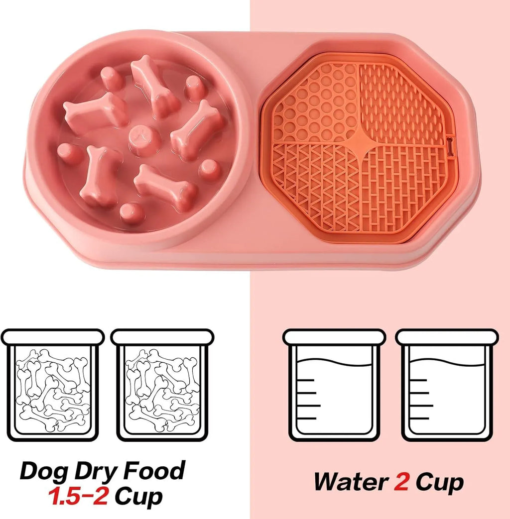 Blue interactive slow feeder dog bowl with puzzle partitions for dry and wet food on a non-slip base.