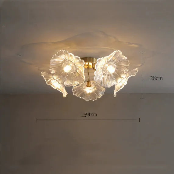Modern creative flower ceiling lamp with white or purple shades in five or six flower configuration