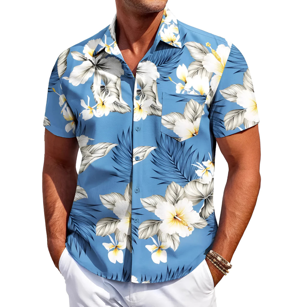 Men's slim fit Hawaiian style cardigan shirt in elastic polyester fabric with short sleeves
