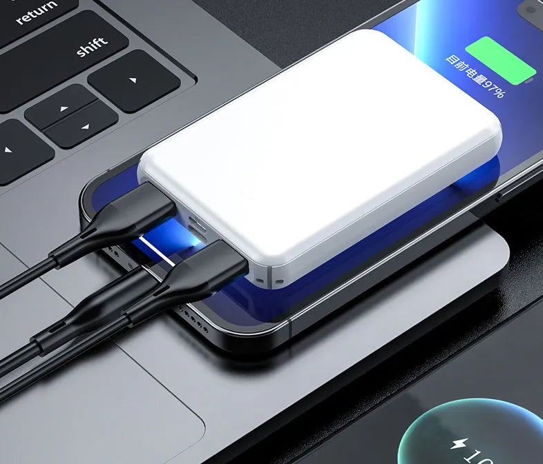 Compact black or white power bank for electric heating vests, showing 97mm x 64mm dimensions