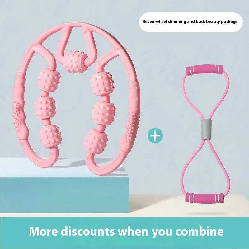 Leg massager roller with ring clip handle showing wheel configurations for muscle relaxation