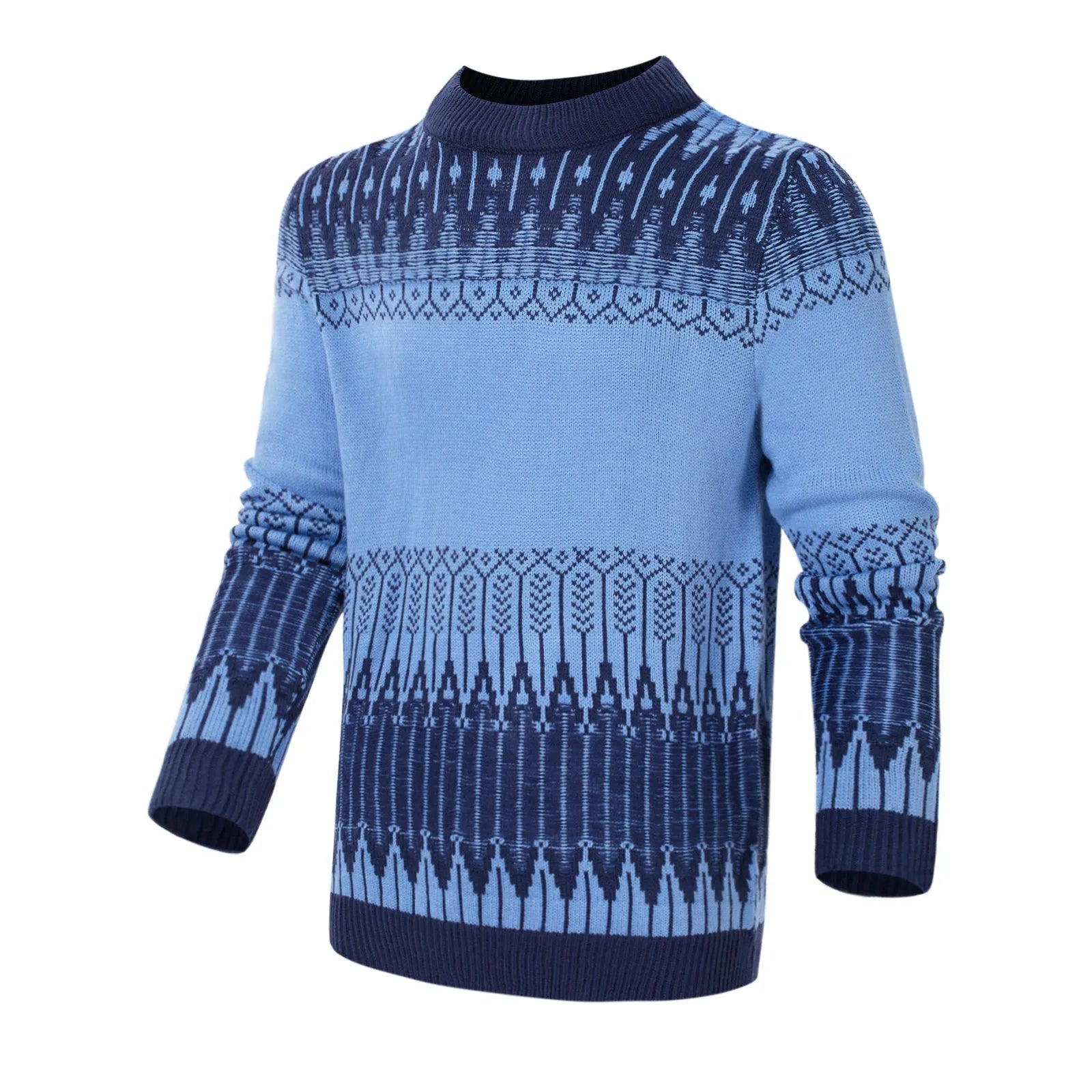 Men's grey knitted pullover sweater with ribbed cuffs and hem on hanger