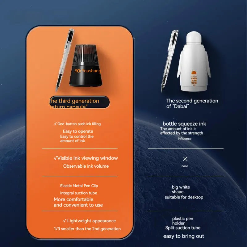 Automatic suction ink pen set with 40ml bottle, choice of 0.38mm or 0.5mm tips, and carry bag.
