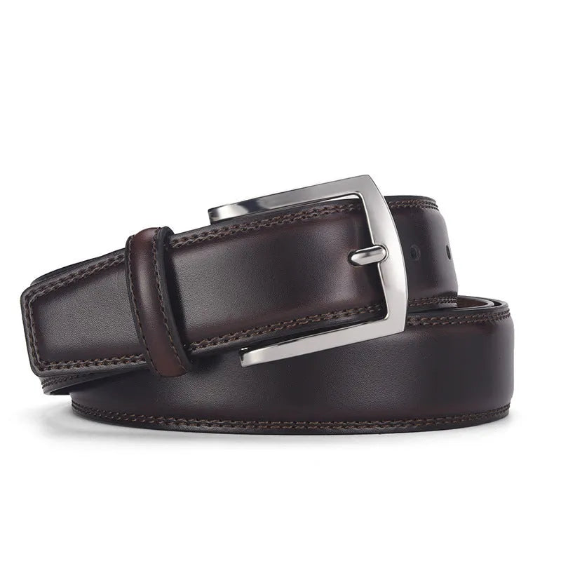 Men's black leather belt with silver alloy pin buckle showing length measurement