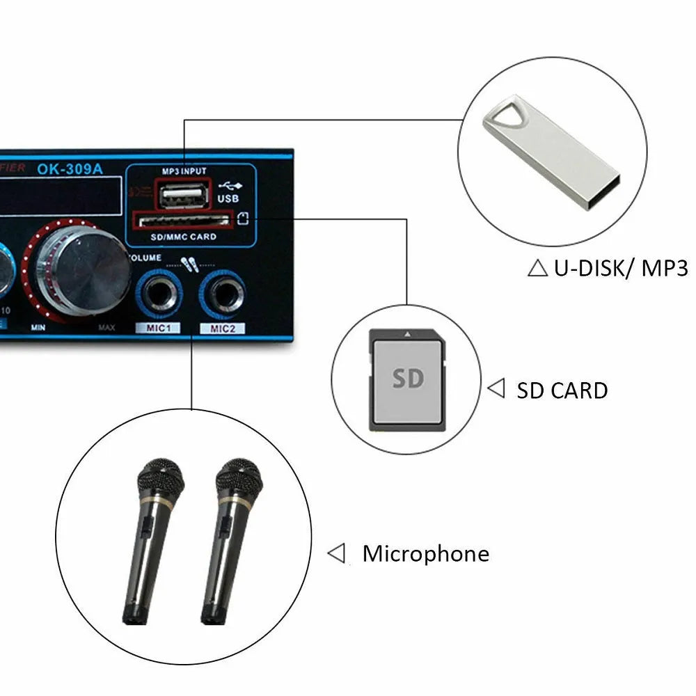 BT-309A-A black dual-voltage Bluetooth power amplifier with recording function