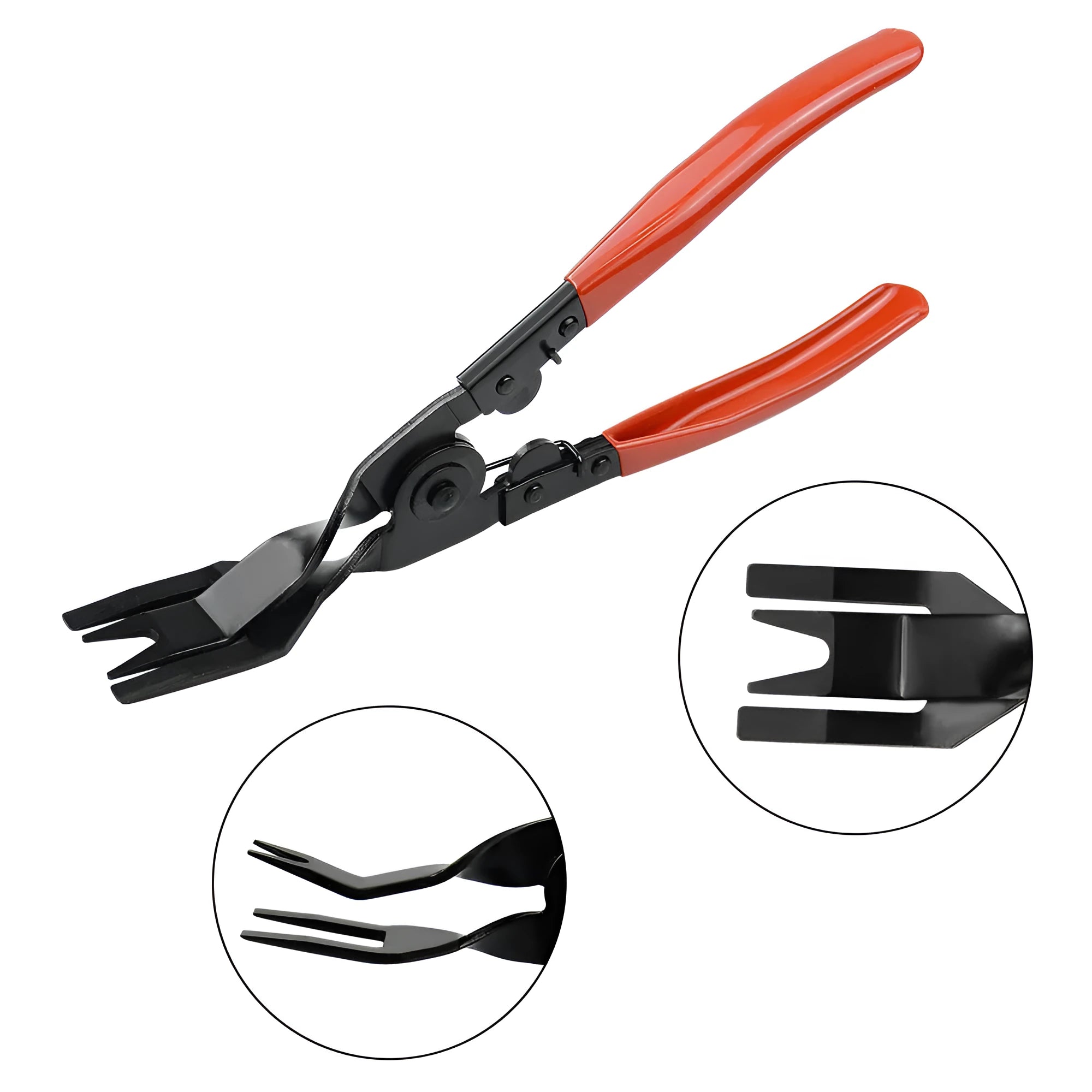 Red-handled steel automotive trim removal pliers for General Motors door panels.