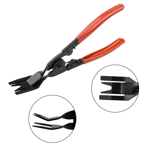 Red-handled steel automotive trim removal pliers for General Motors door panels.