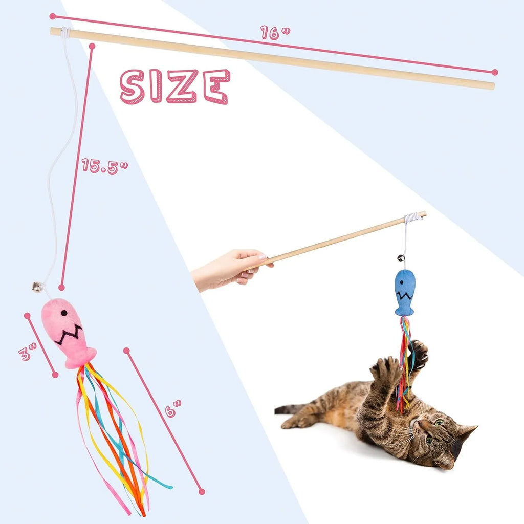 Blue cat wand toy with colourful ribbons, a catnip fish, and a bell on a wooden handle.