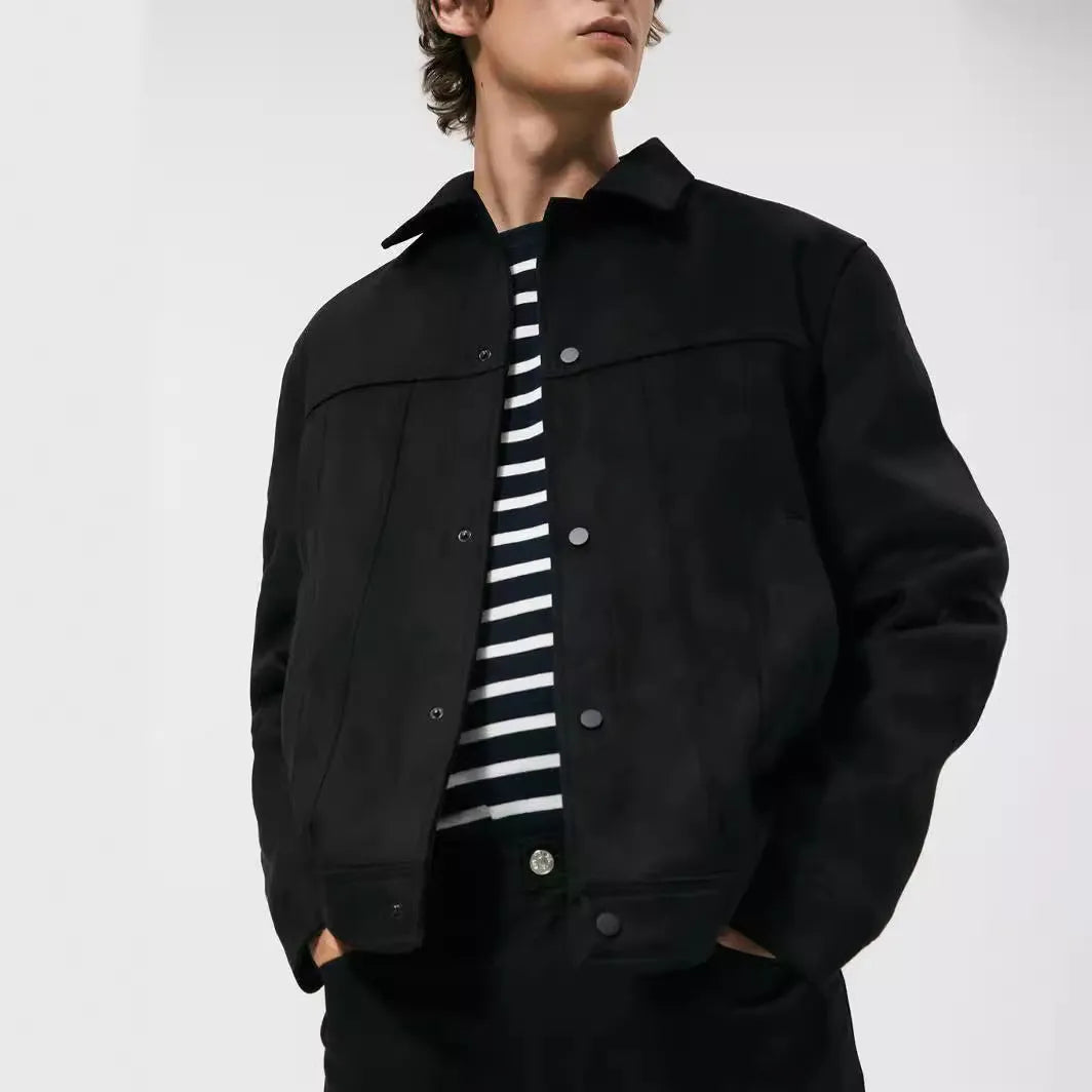 Black men's hooded jacket with suede collar, loose sleeves, and side pockets